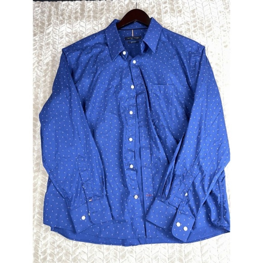 Tommy Hilfiger Mens Shirt 17 32/33 All Season Stretch Slim Fit Non-Iron Blue XL